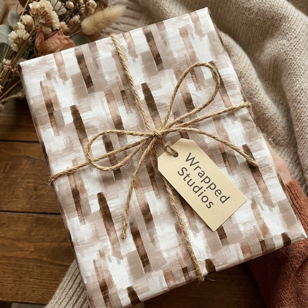 Neutral abstract watercolor wrapping paper by Wrapped Studios, tied with a rustic twine bow.