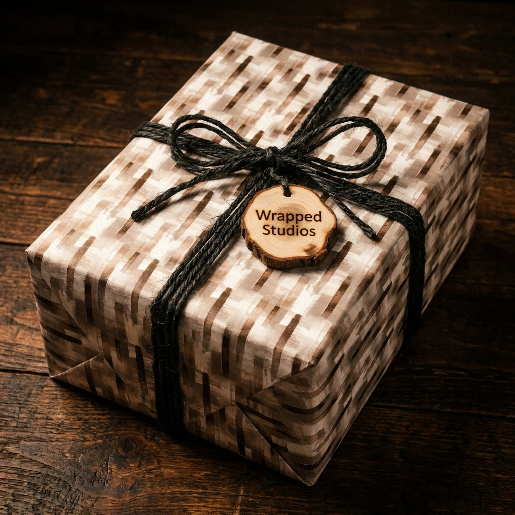 Rustic neutral wrapping paper by Wrapped Studios on a gift box with black twine and a wooden tag.