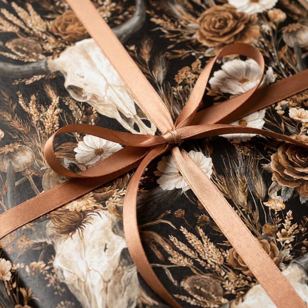 Western gothic wrapping paper with steer skulls, dark florals, and a bronze ribbon by Wrapped Studios.