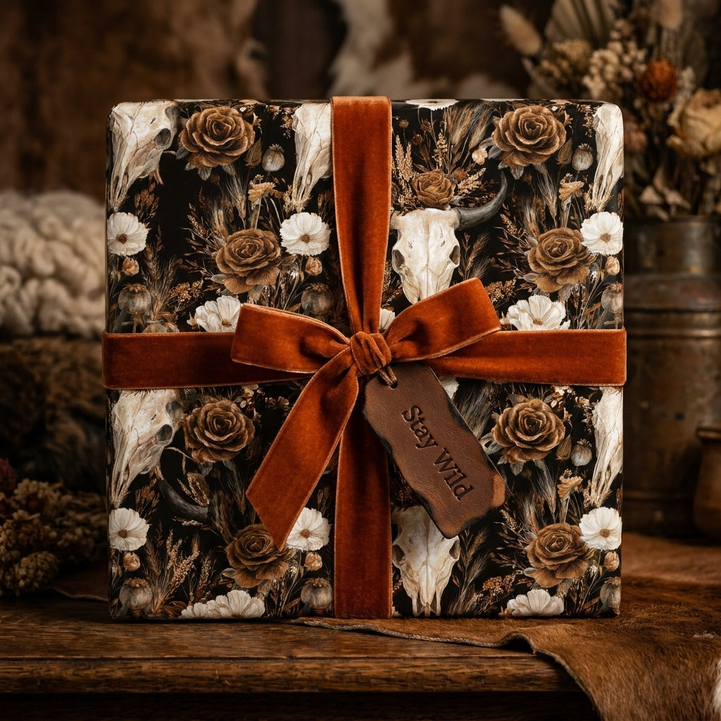 Western gothic wrapping paper with skull floral pattern and rust velvet bow, by Wrapped Studios.
