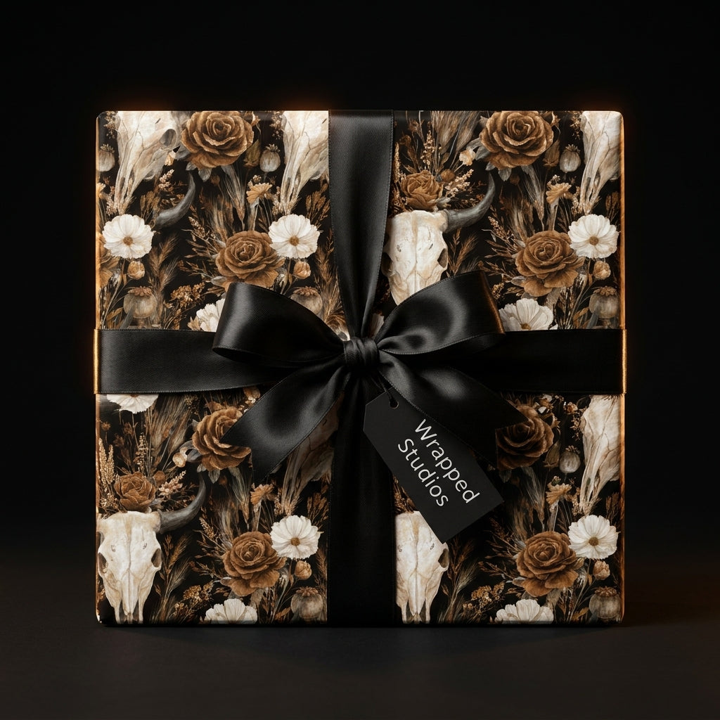 Moody gothic skull and floral wrapping paper with black satin bow on luxury gift box by Wrapped Studios.