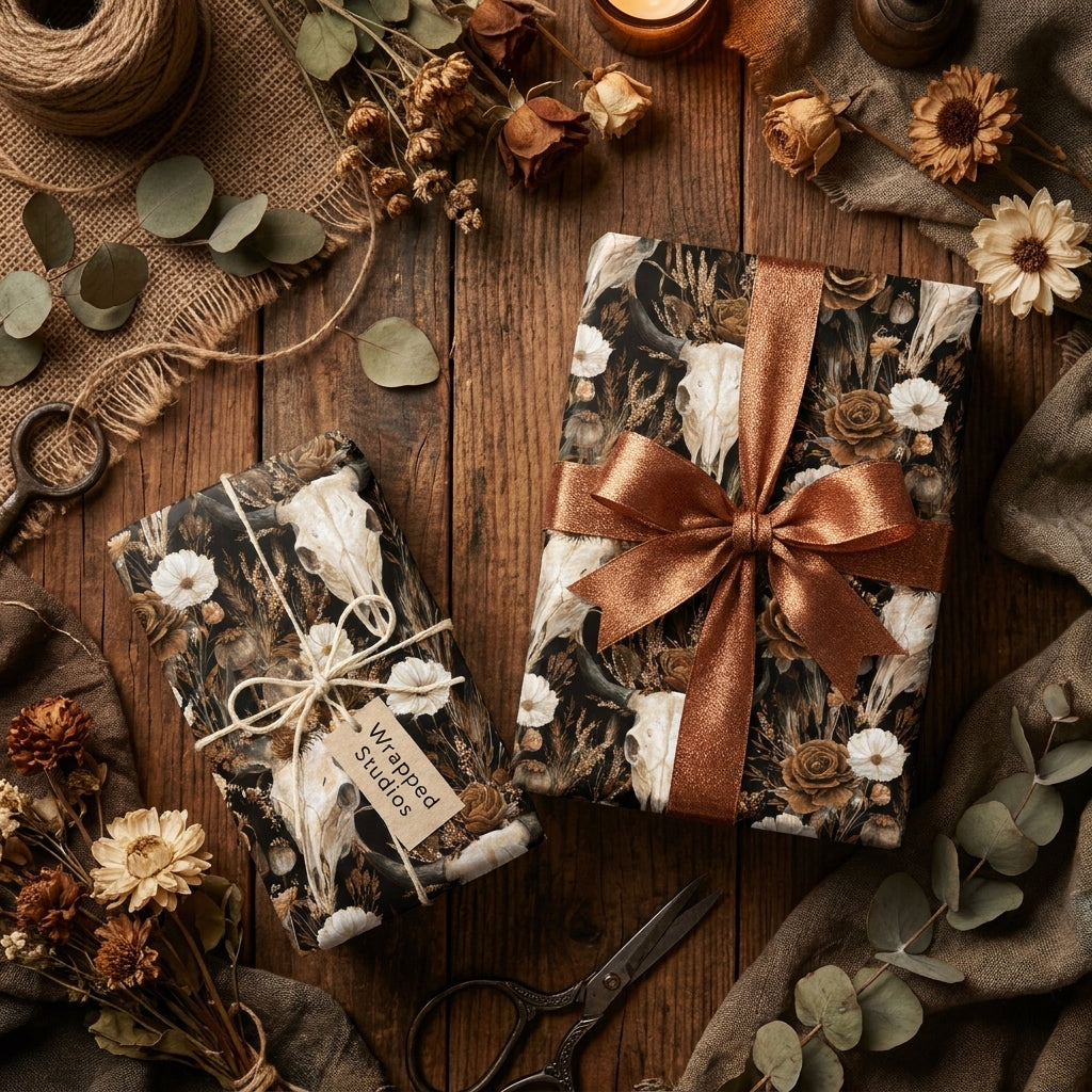 Gothic floral wrapping paper with steer skulls and a bronze ribbon by Wrapped Studios.