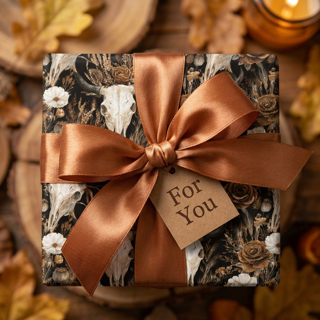 Boho floral skull wrapping paper with a copper satin bow by Wrapped Studios.