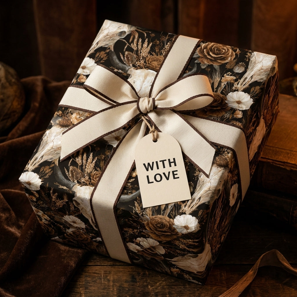 Vintage gothic floral wrapping paper with skulls and cream bow on a gift box, by Wrapped Studios.