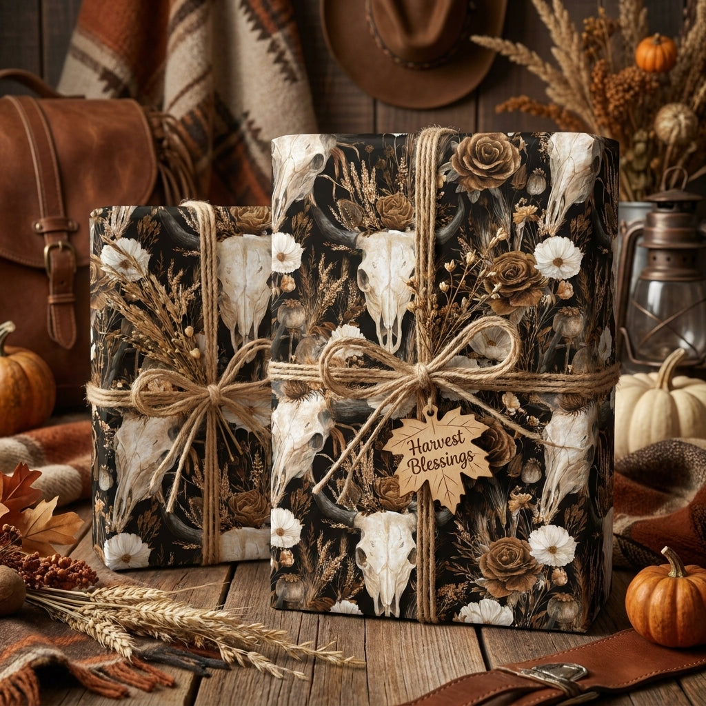 Rustic western wrapping paper featuring steer skulls and dried florals on gifts, by Wrapped Studios.