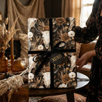 Western gothic skull and floral wrapping paper with black velvet ribbon by Wrapped Studios.