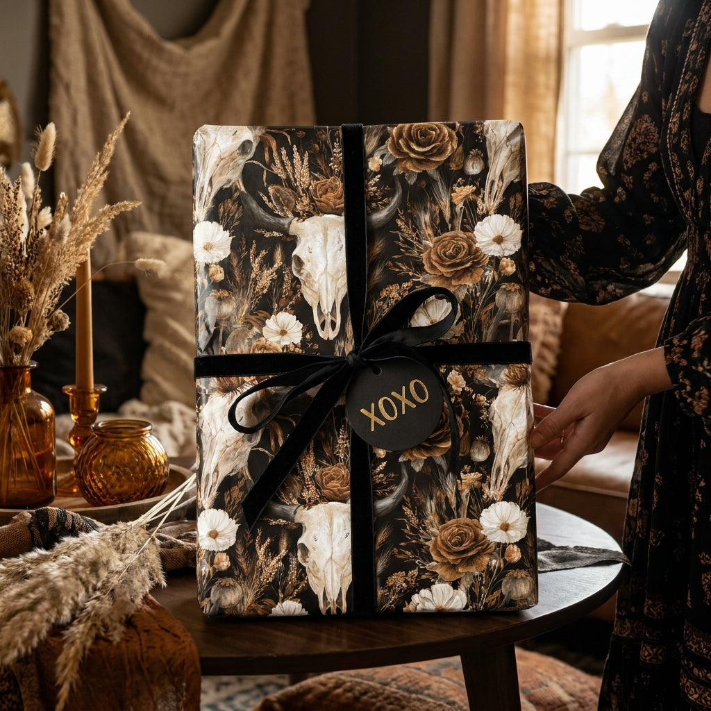 Western gothic skull and floral wrapping paper with black velvet ribbon by Wrapped Studios.