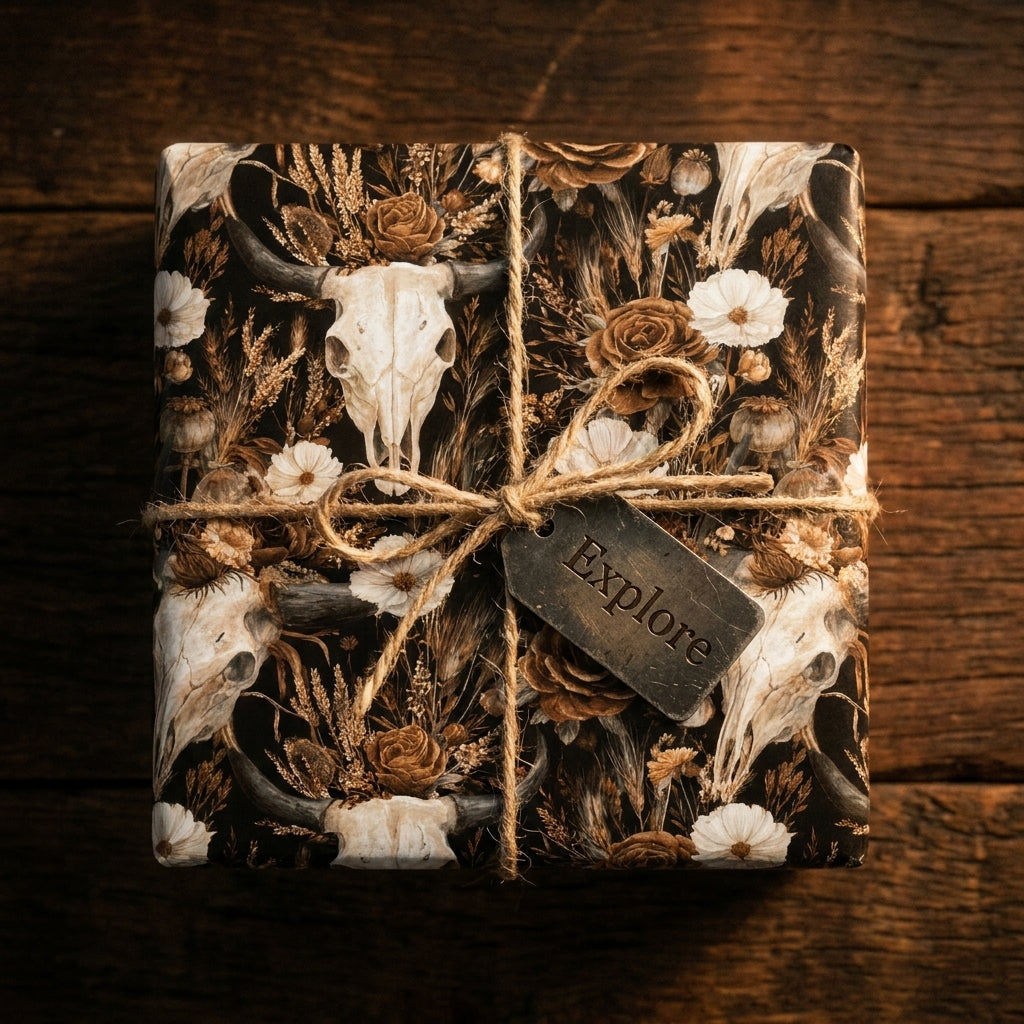 Rustic bull skull and floral wrapping paper by Wrapped Studios on a gift tied with twine.
