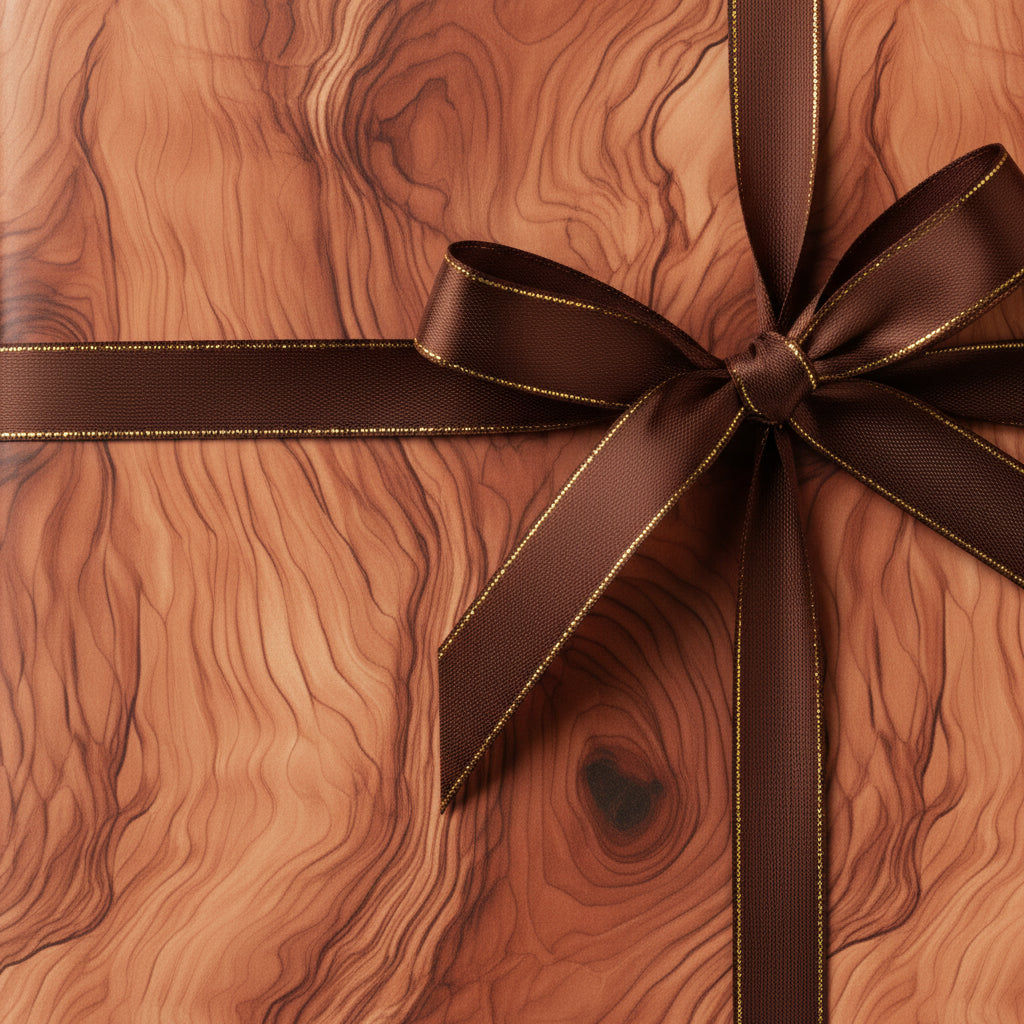 Elegant gift wrapped in faux woodgrain wrapping paper with brown ribbon.