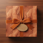 Luxury gift wrap: wood grain paper with velvet ribbon and bow on square present box.