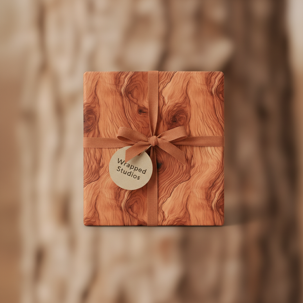 Rustic woodgrain wrapping paper with a copper ribbon and circular tag, perfect for neutral gift wrap.