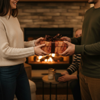 Exchanging a gift wrapped in rustic woodgrain wrapping paper with brown ribbon by a cozy fireplace.