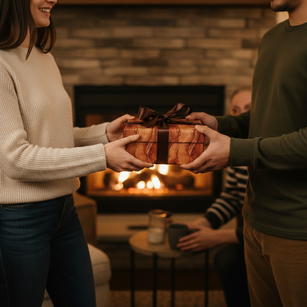 Exchanging a gift wrapped in rustic woodgrain wrapping paper with brown ribbon by a cozy fireplace.