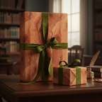Woodgrain gift wrap with green velvet ribbon, elegant rustic present packaging for birthdays or holidays.