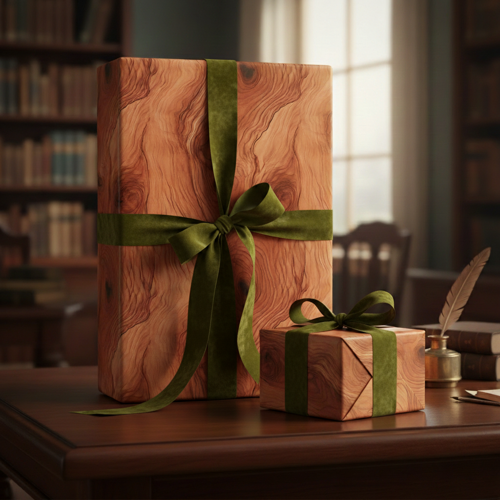 Woodgrain gift wrap with green velvet ribbon, elegant rustic present packaging for birthdays or holidays.