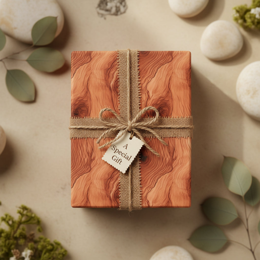 Rustic gift wrap with wood-grain pattern and burlap ribbon, perfect for a special occasion.
