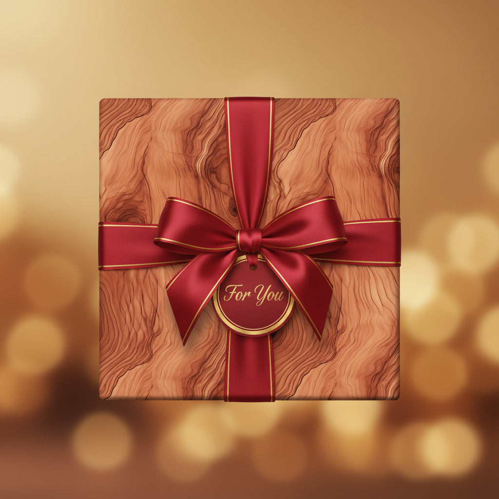 Elegant gift box wrapped in wood grain paper with red satin ribbon and "For You" tag.