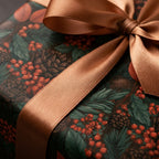 Rustic Christmas gift wrap with a pinecone and berry pattern, tied with a copper satin bow by Wrapped Studios.