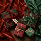Elegant Christmas gift wrap with botanical pinecone patterns and luxury velvet ribbons by Wrapped Studios.