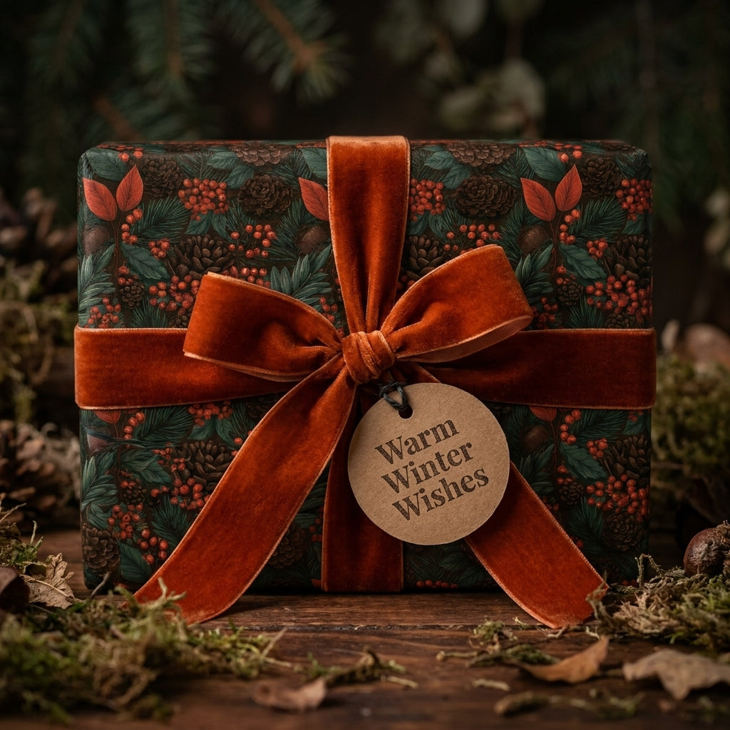 Rustic Christmas gift wrap with winter pinecone pattern and a burnt orange velvet ribbon by Wrapped Studios.