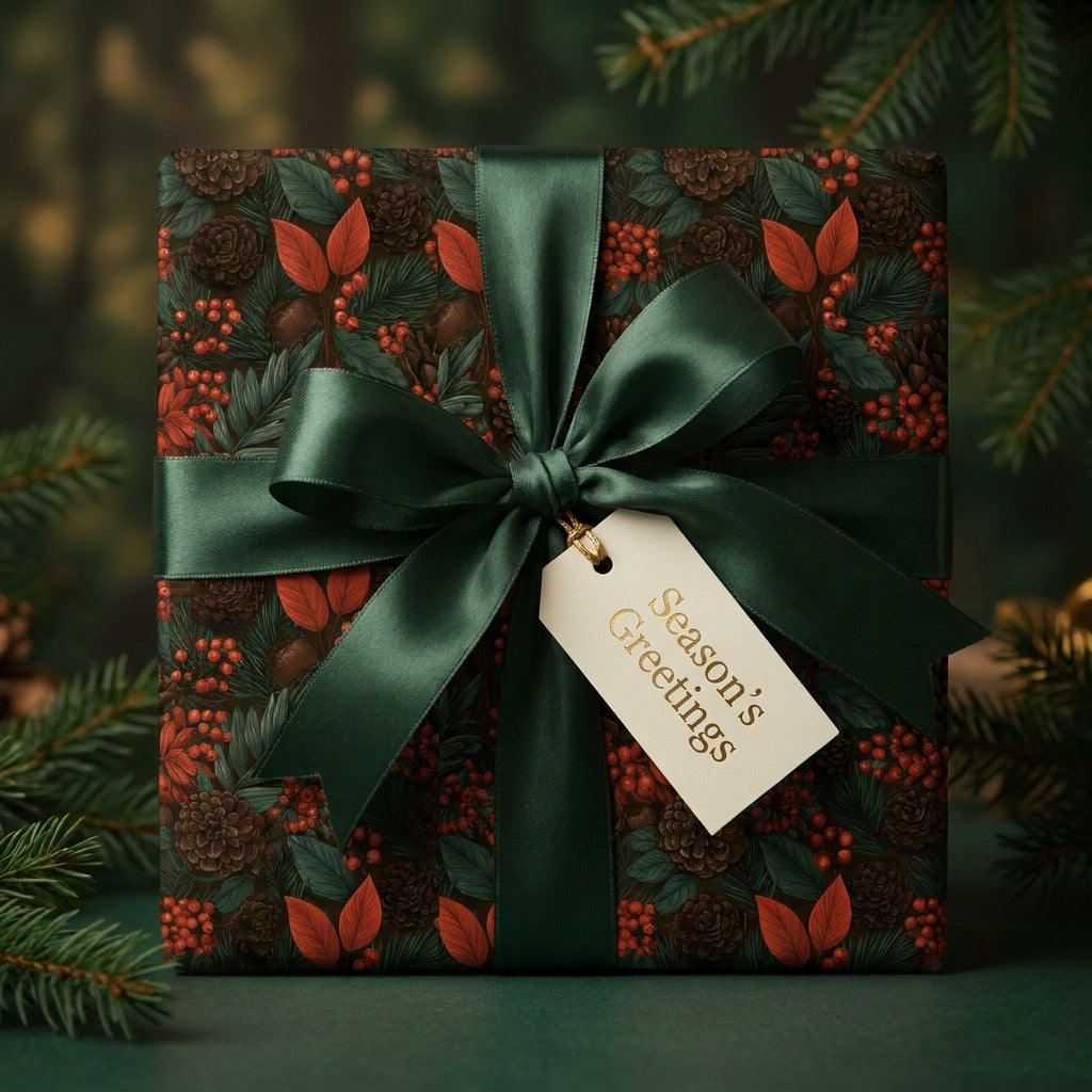 Luxury Christmas wrapping paper with botanical pinecone print and green satin bow by Wrapped Studios.