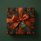 Elegant Christmas wrapping paper with pinecones, red berries, and copper ribbon by Wrapped Studios.