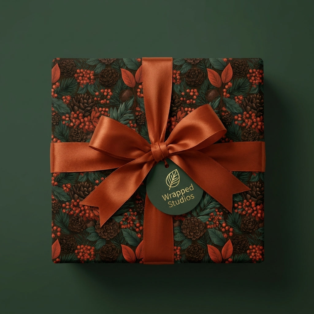 Elegant Christmas wrapping paper with pinecones, red berries, and copper ribbon by Wrapped Studios.