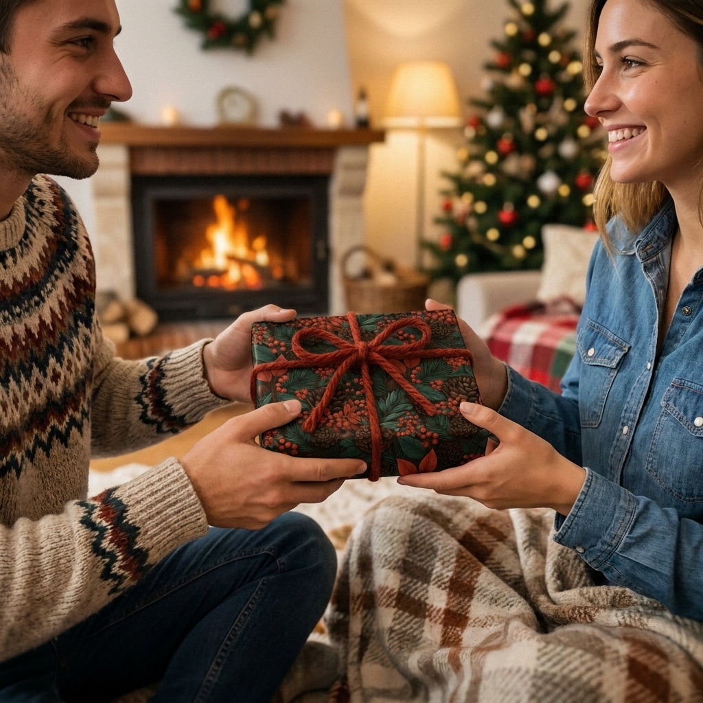 Rustic botanical Christmas wrapping paper by Wrapped Studios on a holiday gift held by a couple near a fireplace.