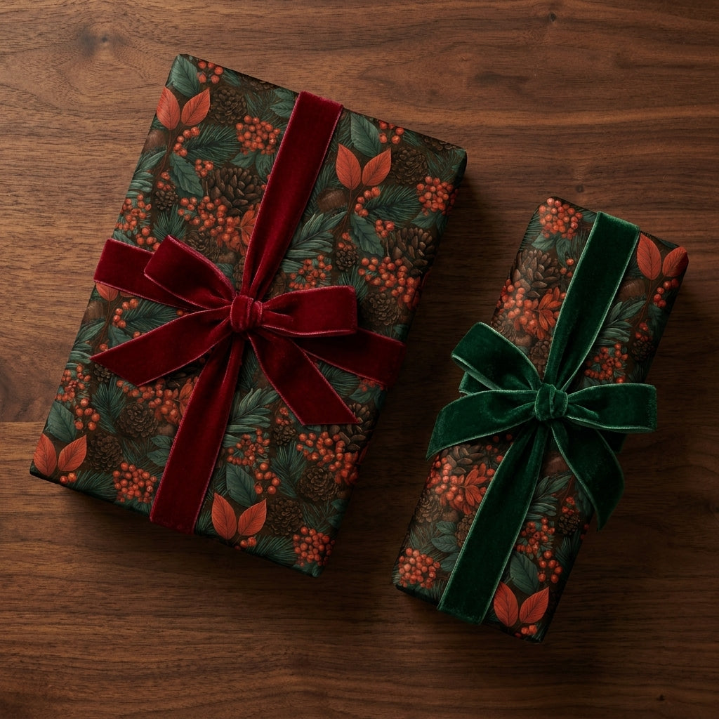 Luxury woodland Christmas gift wrap by Wrapped Studios, featuring pinecone botanical paper and velvet bows.