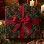 Luxury Christmas gift wrap with botanical pinecone pattern and red ribbon bow by Wrapped Studios.