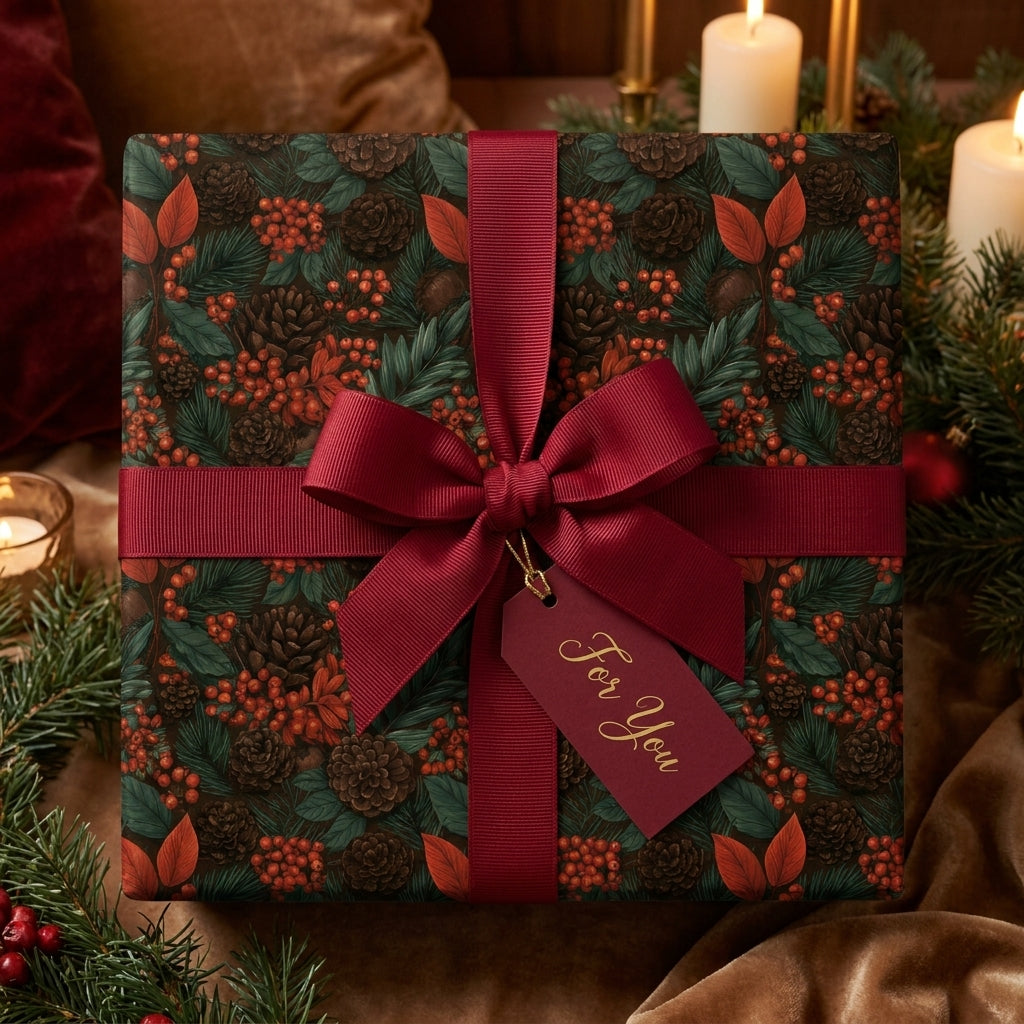 Luxury Christmas gift wrap with botanical pinecone pattern and red ribbon bow by Wrapped Studios.
