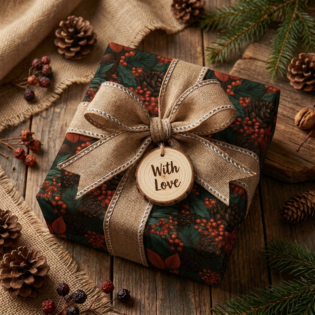 Rustic Christmas wrapping paper with pine and berry print, burlap bow, and "With Love" tag by Wrapped Studios.