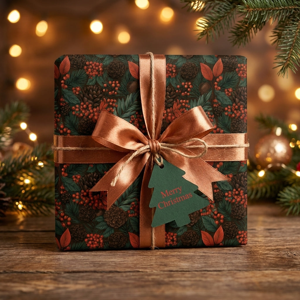 Luxury Christmas wrapping paper with botanical pinecone pattern and copper bow by Wrapped Studios.