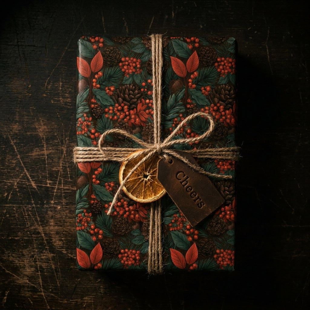 Rustic botanical Christmas wrapping paper with pinecones, twine, and dried orange by Wrapped Studios.