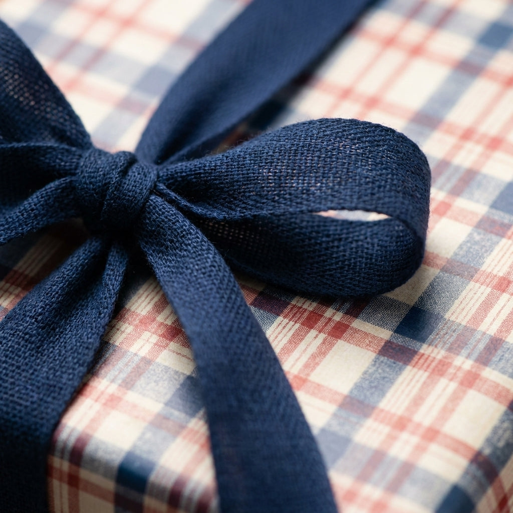 Rustic plaid wrapping paper in navy and red with a textured blue bow, perfect holiday gift wrap by Wrapped Studios.