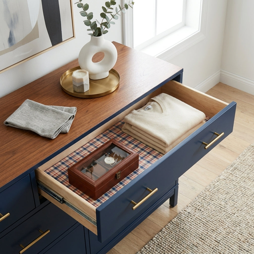 Rustic plaid wrapping paper used as a drawer liner in a modern dresser by Wrapped Studios.
