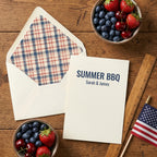 Patriotic red and blue plaid envelope liner and summer BBQ invitation by Wrapped Studios.