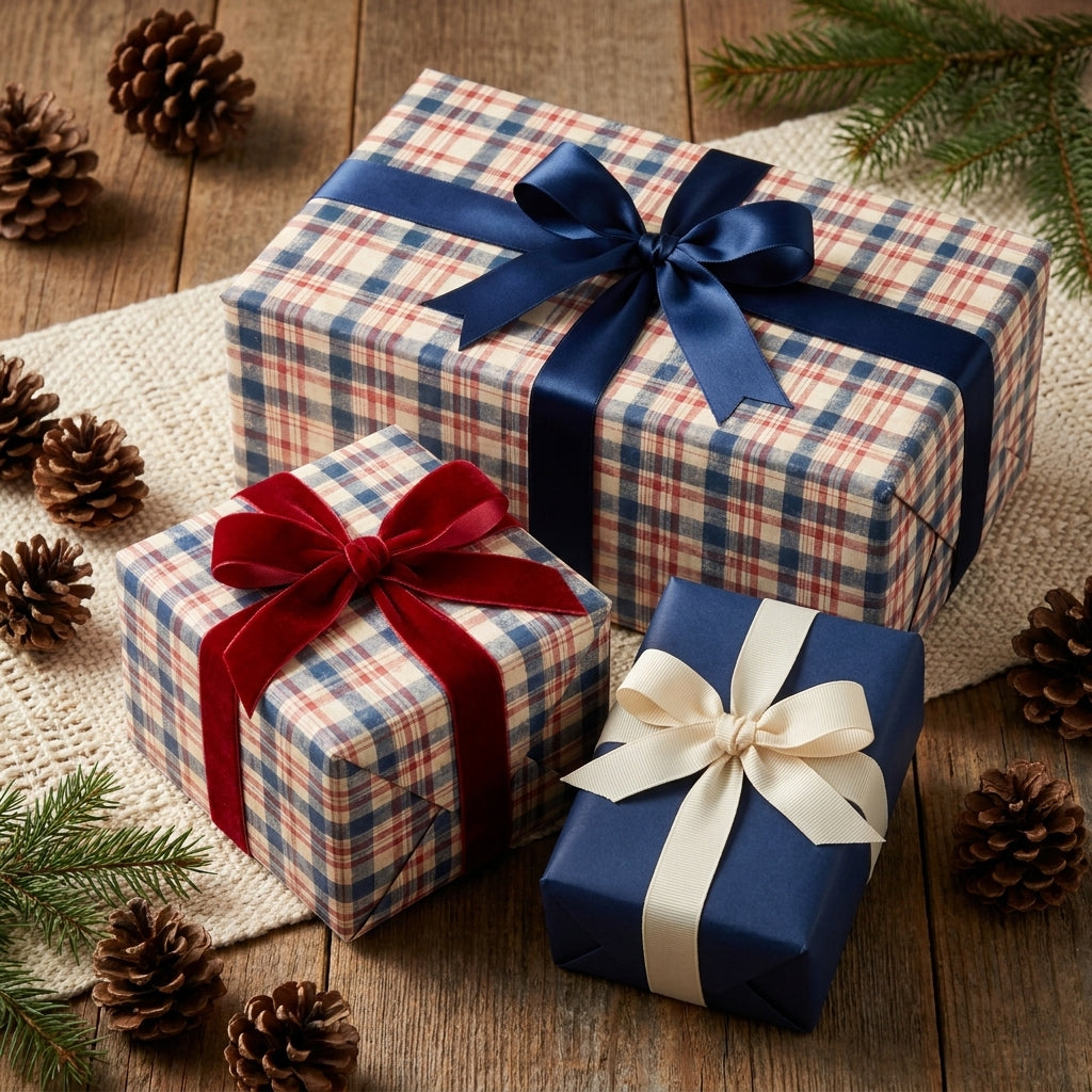 Plaid wrapping paper and navy Christmas gift wrap with festive bows by Wrapped Studios.