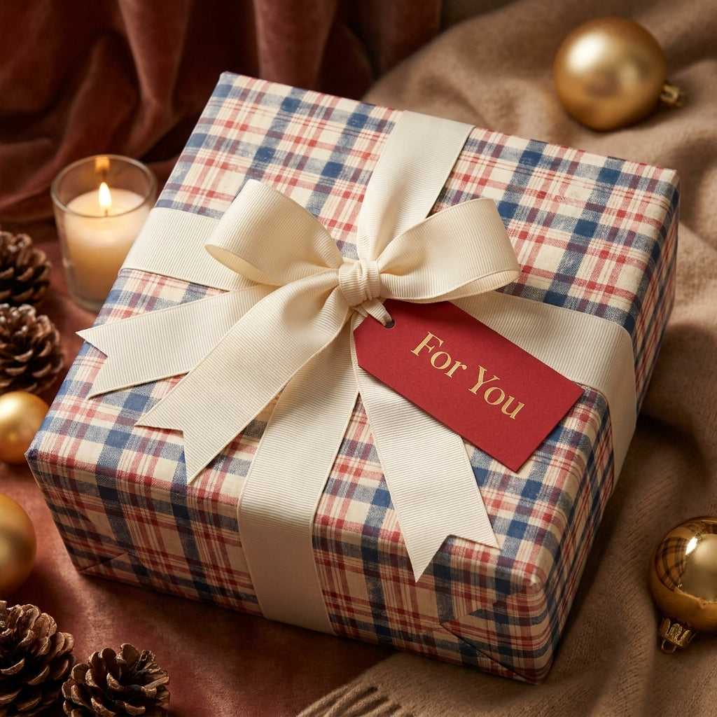 Cozy plaid Christmas wrapping paper in red and navy with cream bow and gift tag by Wrapped Studios.