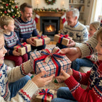 Plaid Christmas wrapping paper with a red and blue bow on a gift exchanged by family, by Wrapped Studios.