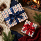 Cozy plaid Christmas wrapping paper on gifts with satin bows by a fireplace. Holiday gift wrap by Wrapped Studios.