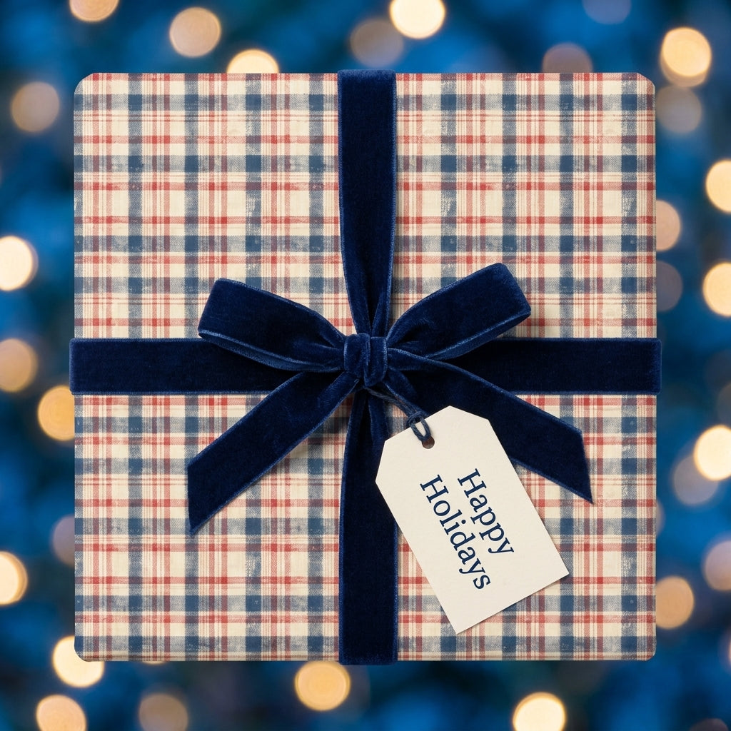 Plaid Christmas gift wrap with a navy velvet bow and Happy Holidays tag by Wrapped Studios.