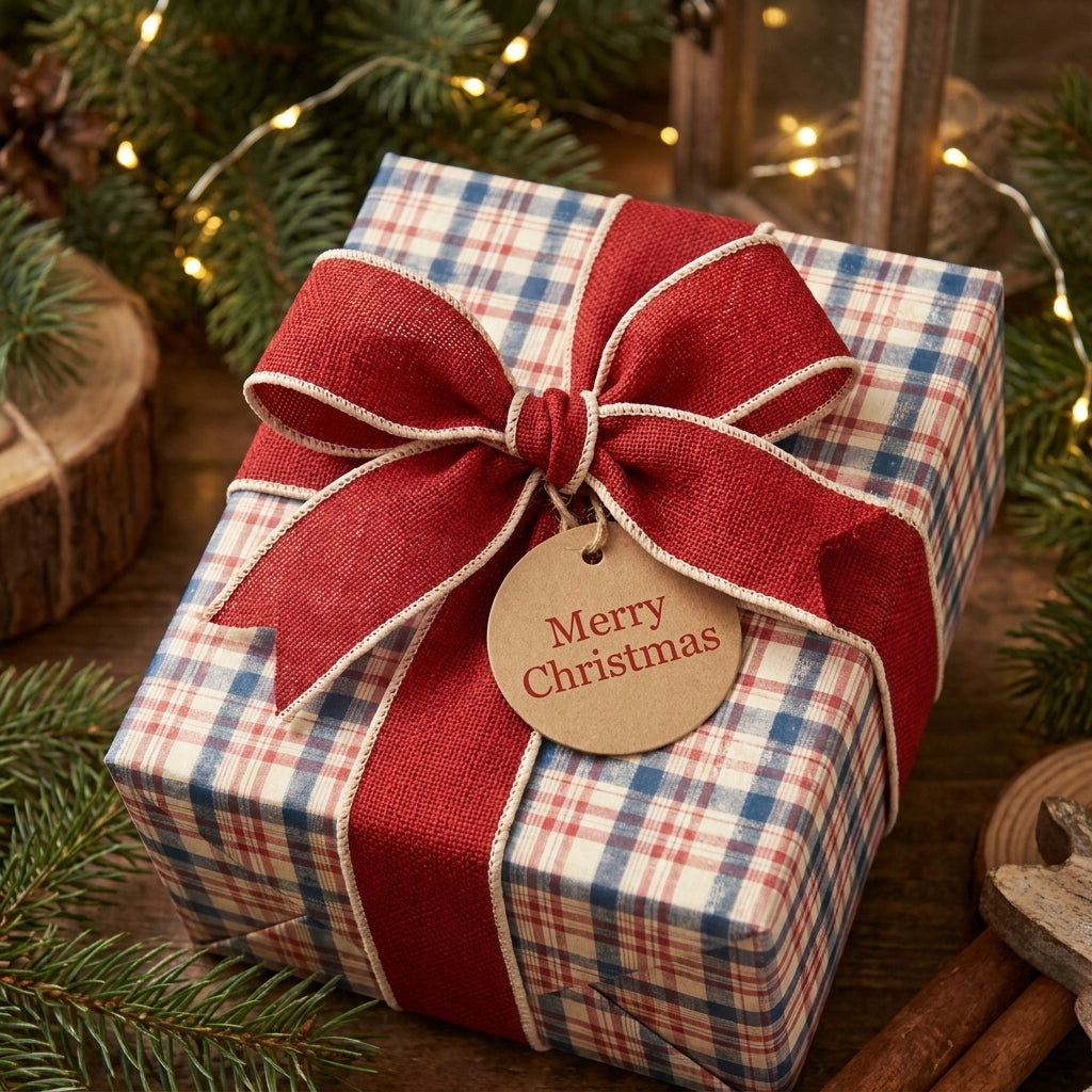 Rustic plaid Christmas wrapping paper by Wrapped Studios on a gift with a red ribbon and Merry Christmas tag.