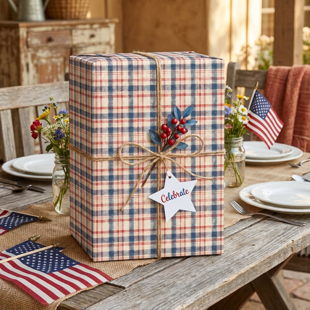 Patriotic red, white, and blue plaid wrapping paper on a rustic gift box with twine by Wrapped Studios.