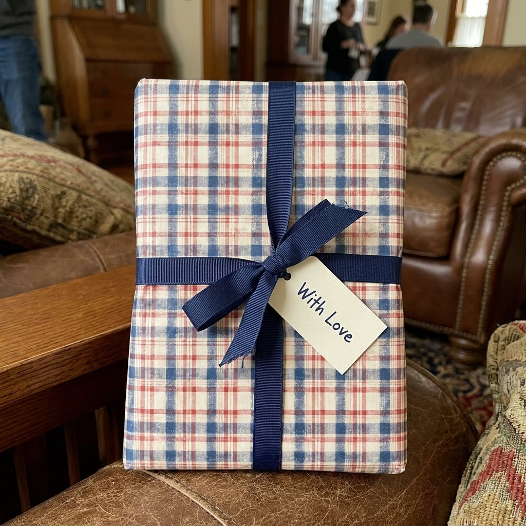 Cozy blue and red plaid wrapping paper with a navy blue ribbon and gift tag, from Wrapped Studios.