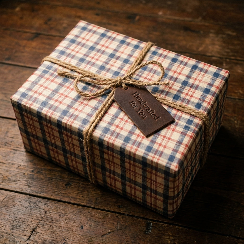 Rustic plaid wrapping paper by Wrapped Studios on a gift box tied with twine on a wooden table.