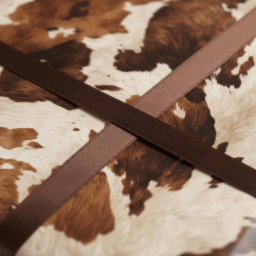 Cowhide print gift wrapping paper with brown satin ribbon.