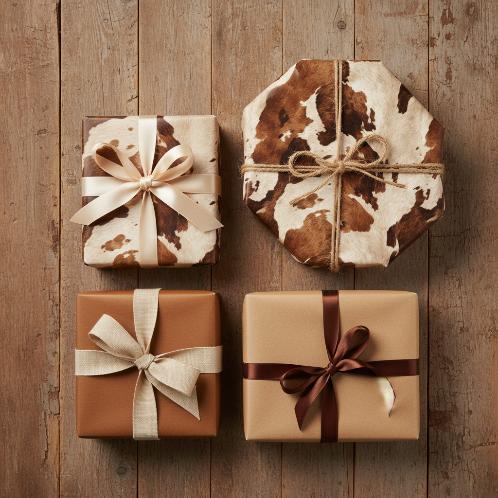 Rustic wrapping paper: gifts wrapped in kraft and cowhide print paper with ribbon and twine on a wood surface.