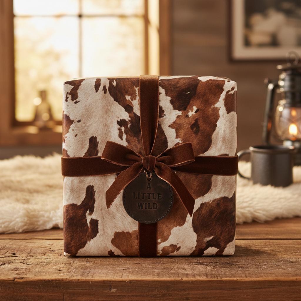 Rustic gift with cow print wrapping paper, brown velvet ribbon and "A Little Wild" tag.