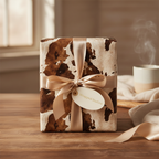 Brown and white cowhide print wrapping paper with a gold satin ribbon and bow.